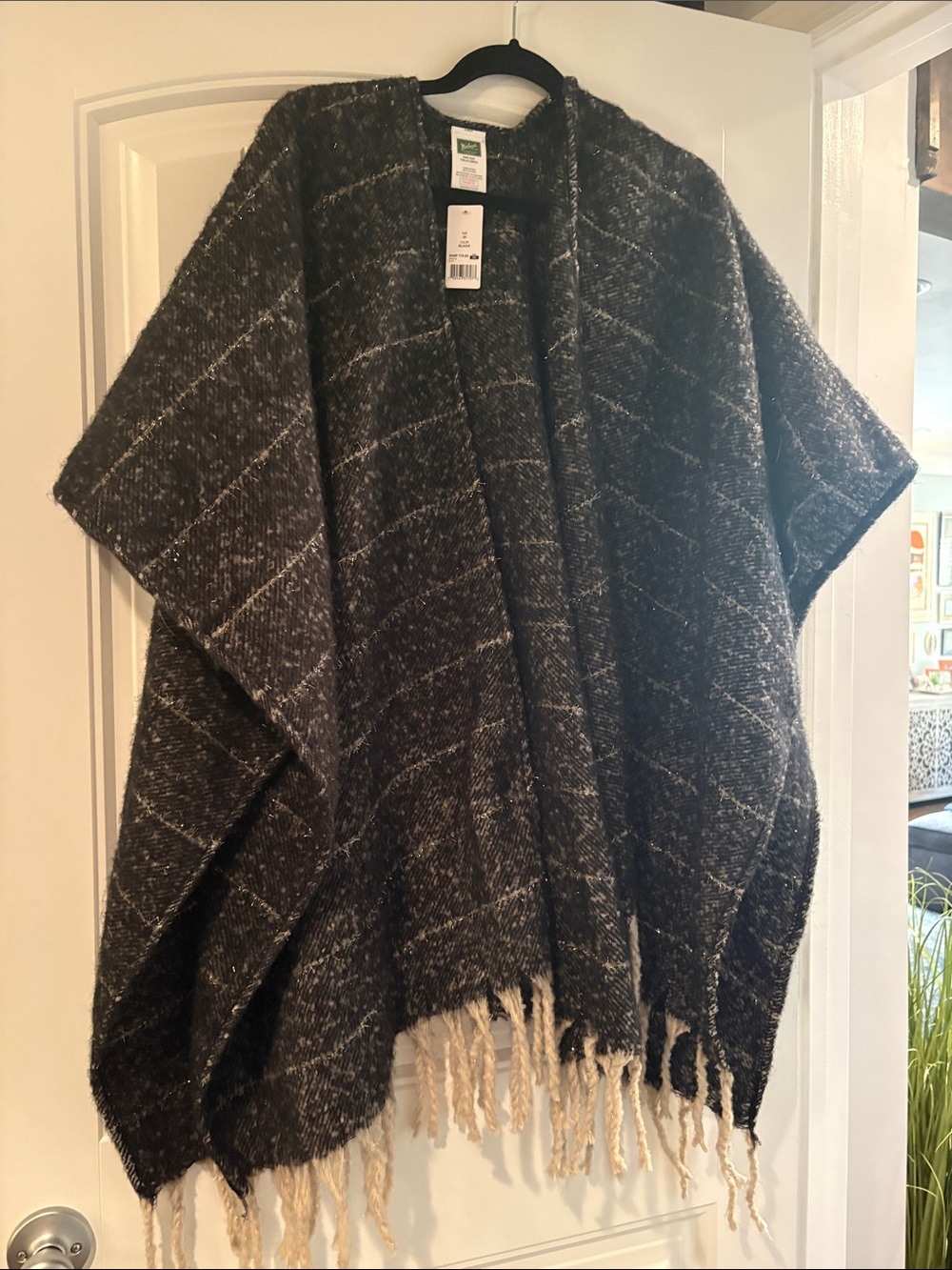Woolrich Black & Cream Fringed Open-Front Cape
